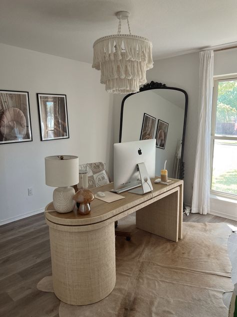 home office, neutral home office, aesthetic, blogger office Women’s Home Office Aesthetic, Practical Office Ideas, Home Studio Office Ideas, Modern Aesthetic Office, Desk Asthetic Picture, Zen Home Office Decor, Soft Office Aesthetic, Organic Modern Office Desk, Neutral Aesthetic Desk