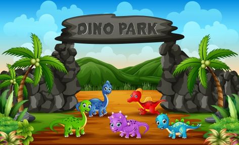 Different baby dinosaurs in dino park il... | Premium Vector #Freepik #vector #tree #baby #nature #mountain Dinosaur Template, Park Illustration, Dino Park, Dinosaur Silhouette, Dinosaur Park, Art Impressions Cards, Dinosaur Illustration, Creative Flyer Design, Dinosaur Skeleton