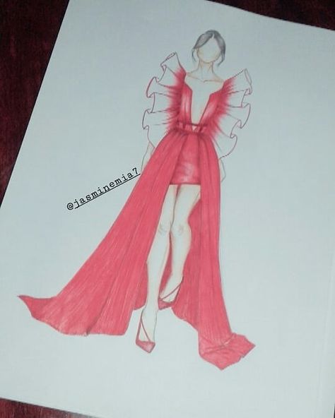 ed dress With ruffles on two sides❤❤ designed by @jasminemia7 . . . . . . . . . #jasminemia7#fashionillustration #fashion #art Croquis, Illustration Croquis, Fashion Design Sketch, Fashion Illustrations Techniques, Dress Design Drawing, Fashion Illustration Sketches Dresses, Ruffle Jumpsuit, Fashion Design Portfolio, Dress With Ruffles