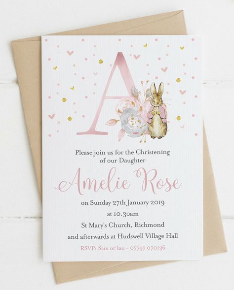 Christening Ideas Girl, Girl Christening Decorations, Peter Rabbit Christening, Christening Themes, First Birthday Invitation Cards, Naming Ceremony Invitation, Christening Invitations Girl, Christening Decorations