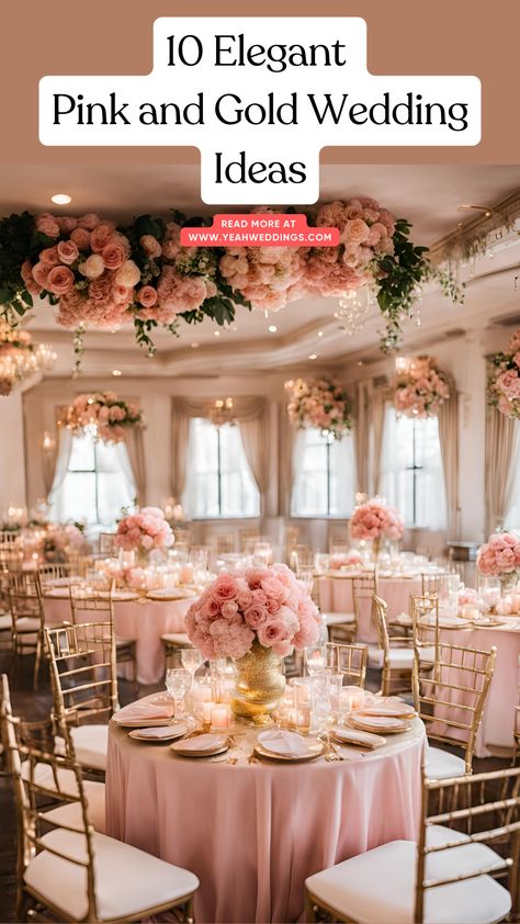 A beautifully decorated wedding venue with elegant pink and gold accents, featuring floral arrangements, table settings, and matching bridesmaid dresses in pink and gold hues. Pink And Gold Event Decor, Blush Cream Gold Wedding Table Settings, Gold Pink And White Wedding, Pink Gold Centerpiece, Pink December Wedding, Cream And Pink Wedding Theme, Pink White And Gold Wedding Cake, Pink And Rose Gold Wedding Theme, Pink Gold And Green Wedding