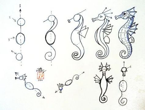 Seahorses, Seahorse Drawing, Sea Horses, 강아지 그림, Sea Horse, Art Instructions, Ocean Animals, Drawing Lessons, A Sea