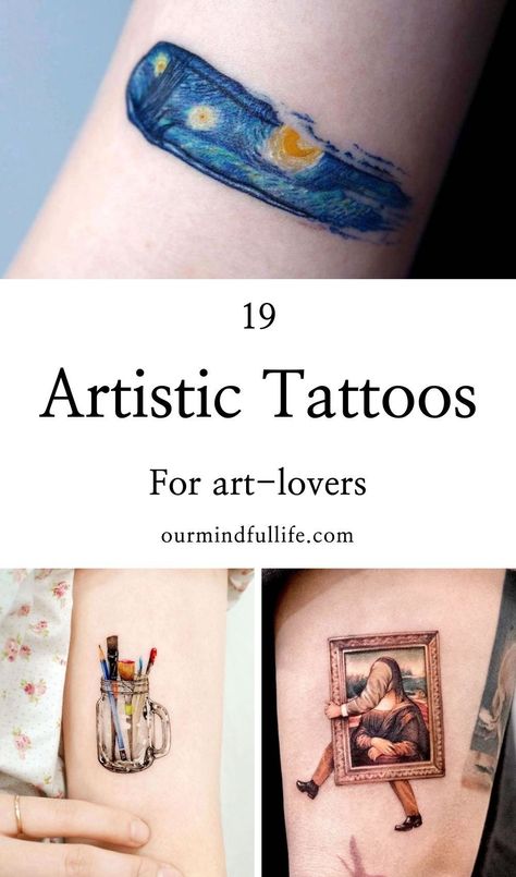 Tattoo Ideas For Artistic People, Artist Tatoos Small, Tattoos Of Artwork, Artist Pallet Tattoo, Art Lover Tattoo Ideas, Art Tattoo Ideas Artists, Tin Can Phone Tattoo, Tattoos For Artistic People, Tattoos Based On Famous Art