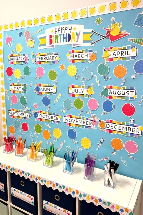 Create a happy space with colorful classroom decor using the Happy Place Birthday bulletin board set by Carson Dellosa Birthday Wall Classroom, Nursery Class Decoration, Happy Birthday April, Birthday Chart Classroom, Birthday Bulletin Board, Polka Dot Classroom, Birthday Board Classroom, Kindergarten Decorations, Birthday Bulletin Boards