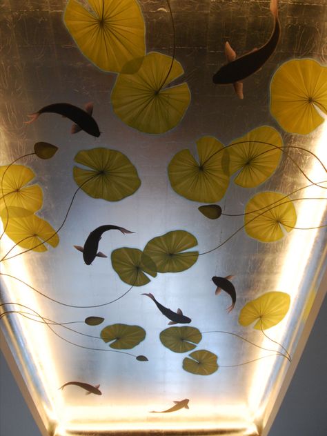 Koi Pond Mural - Japanese style mural on antiqued metal leaf. This ceiling was commissioned for one of three ceilings in a Baker Street apartment. Pond Mural, Bathroom Mural, Interior Murals, Ceiling Painting, Ceiling Murals, Ceiling Art, Wall Murals Painted, Floor Ceiling, Painted Ceiling