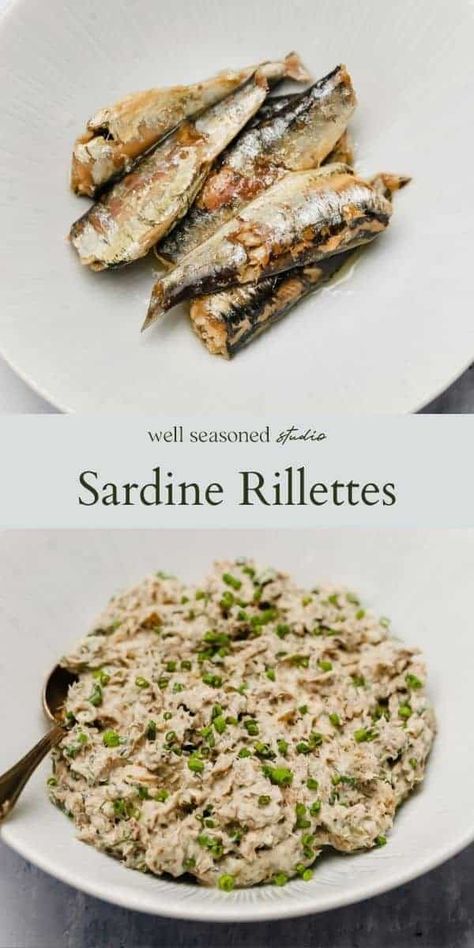 Sardines rillettes is a quick to make appetizer best served with baguette or crackers. Use fresh or canned sardines, then mix with Greek yogurt, softened butter, lemon, fresh herbs, and capers. An approachable recipe for people just beginning to cook with sardines! #wellseasonedstudio #rillettes #sardines #sardinerillettes #fish #spread #dip #french Sardine Recipes Canned, Rillettes Recipe, Sill Recept, Canned Sardines, Sardine Recipes, Canned Fish, Pate Recipes, Snacks Für Party, Easy Appetizer Recipes