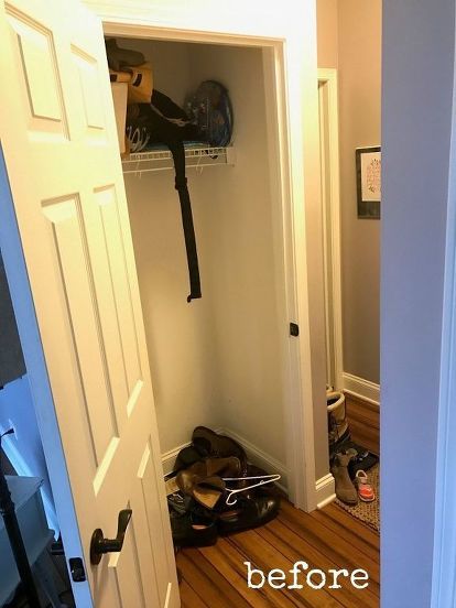 Check out how to convert an extra hall closet into a functional mudroom for your kids book bags, coats and shoes. Me and my hubby started out our life together as newlyweds in Minnesota, the land of snow and bitter winter temps. Some of the best advice we received while we lived there was, "Once you have kids, never buy a house without a mudroom." Let's face it. Kids haul a lot of stuff to school in the winter, book bags, puffy coats, hats, gloves and snow boots. And their little leg… Coat Closet To Mudroom, Closet Into Mudroom, Closet Turned Mudroom, Closet Mud Room, Mini Mudroom, Converted Closet, Closet Conversion, Small Coat Closet, Functional Mudroom