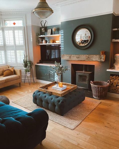 Lounge Decor Fireplace, Green Feature Fireplace Wall, Cosy Living Room Colour Schemes, Dark Green Living Room Feature Wall, Home Snug Room Ideas, Cream Brown Bedroom Ideas, Dark And Cosy Living Room, Living Room Ideas Alcove, Cosy Kitchen Living Room