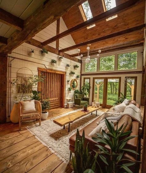 Living Room Design Boho, Ecological House, Casa Country, Patio Interior, Cabin In The Woods, Cabin Style, Cabin Design, Exposed Wood, Boho Living