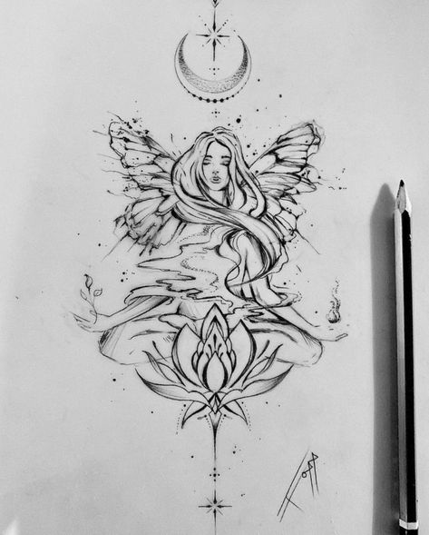 Aphrodite Tattoo Air Goddess Tattoo, Lotus And Lion Tattoo, Butterfly Goddess Tattoo, Fairy Nature Tattoo, Goddess Leg Tattoo, Divine Goddess Tattoo, Divine Feminine Spirituality Tattoo, Fire Goddess Tattoo, Mystical Tattoos For Women Sleeve