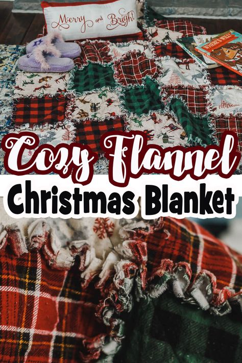 Sew a cozy Christmas fabric blanket from flannel and this easy tutorial. Simple quilting technique and fun frayed edges give this quilt a cozy and unique look. Patchwork, Flannel Blankets Diy How To Make, Rag Quilt Patterns Free, Flannel Blanket Diy, Christmas Rag Quilt Patterns, Flannel Christmas Decor, Diy Christmas Blankets, Flannel Crafts, Flannel Quilt Patterns