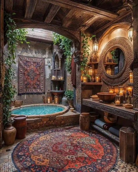 Tiny Home Bathrooms Ideas With Tub, Magical Cabin Interior, Dream Home Cabin, Hobbit Tiny House, Goblin Core Bathroom, Hobbit Fireplace, Dark Earthy Bathroom, Viking Home Interior, Magical House Aesthetic