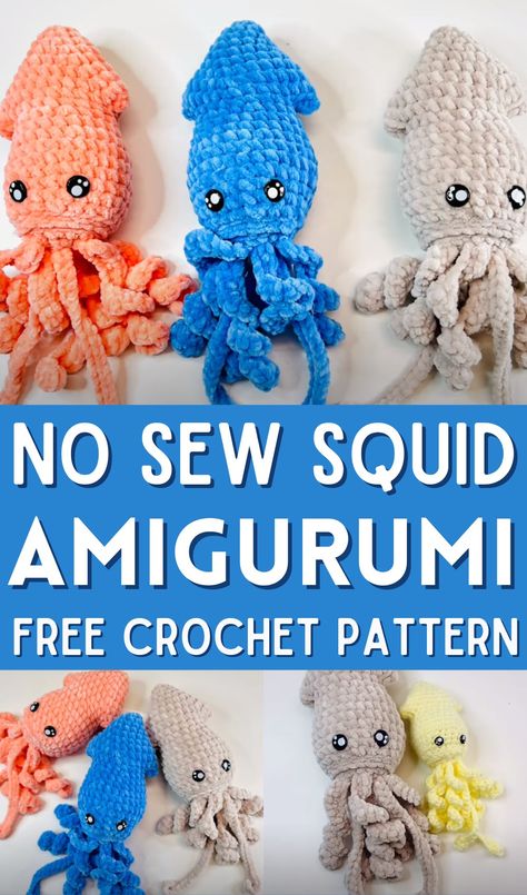 No Sew Crochet Squid Amigurumi Pattern Amigurumi Patterns, Crochet Amigurumi Plushies Free Pattern, Beginner No Sew Amigurumi, One Piece Crochet Amigurumi, Easy Crochet Patterns Amigurumi, Mini Squid Crochet Pattern, No Sew Amigurumi Pattern Free, Amigurumi Squid Free Pattern, Free Easy Crochet Amigurumi Patterns