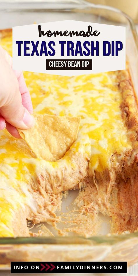 If you want to add a new staple to your favorite dip recipes, then Texas trash dip is just perfect for you. You only need a few simple ingredients to make this quick and easy super bowl dip. It is the perfect blend of cream cheese, sour cream, refried beans, taco seasoning and cheese. Lots of cheese! This hot bean dip is gooey, comforting and the perfect mix of flavors. You can serve Texas trash dip at parties, on game day, Cinco de Mayo or at any Mexican inspired dinner party. Serve this best Trash Dip Recipe, Super Bowl Dip, Hot Bean Dip, Trash Dip, Warm Dip Recipes, Texas Trash Dip, Easy Bean Dip, Super Bowl Dips, Refried Bean Dip