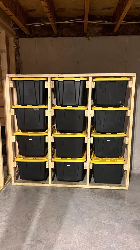 DIY 27 Gallon Tote Storage Shelves Organisation, 27 Gallon Tote Storage, Tote Storage Shelves, Storage Bins Diy, Garage Storage Shelves Diy, Garage Storage Bins, Storage Bin Shelves, Bin Rack, Garage Storage Inspiration