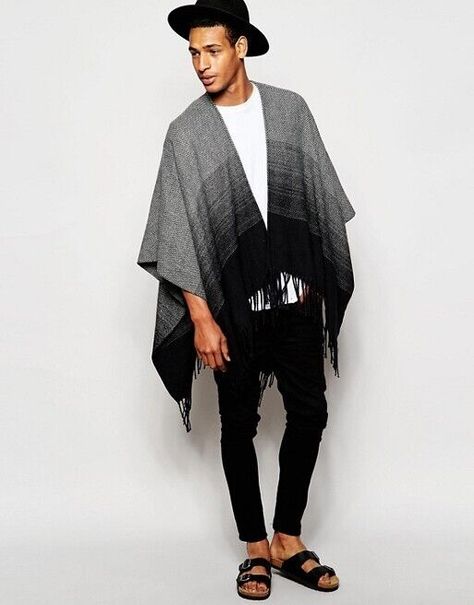 Mens  Thick Shawl Long Open Cape  Poncho   Nice warm shawl, comes in sealed bag will need light ironing prior to wearing  Any further questions please ask Thank you for looking Poncho Outfit Men, Shawl Outfit, Mens Poncho, Poncho Outfit, Hippy Festival, Warm Shawl, Poncho Jacket, Clothing References, Cape Poncho