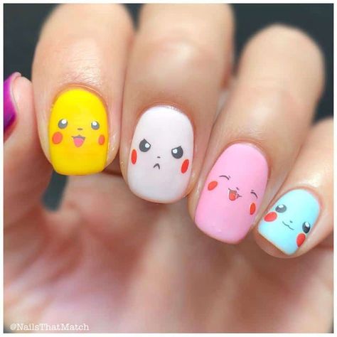 Clubbing Nails, Nail Art Cartoon, Pikachu Nails, Emoji Nails, Cartoon Nail Designs, Kids Nail Designs, Girls Nail Designs, Cartoon Nails