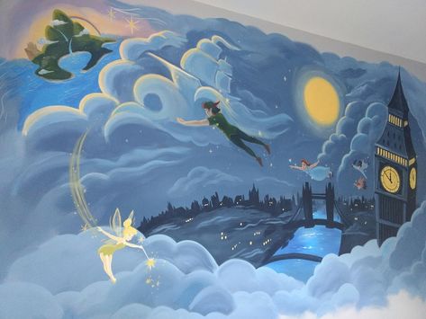 Disney Murals Bedroom, Book Mural Ideas, Peter Pan Mural Nursery, Disney Mural Ideas, Peter Pan Painting Ideas, Peter Pan Bedroom Ideas, Disney Wall Mural, Peter Pan Mural, Peter Pan Baby Room