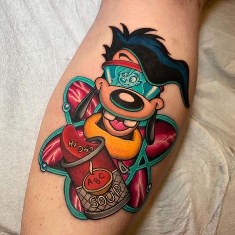 #tattoo #agoofymovie #max #maxgoof Cartoon Portrait Tattoo, Creative Leg Tattoos Men, Woody And Buzz Tattoo, Goofy Movie Tattoo, Wile E Coyote Tattoo, 90s Baby Tattoo, Practice Tattooing, Goonies Tattoo, Pop Culture Tattoos