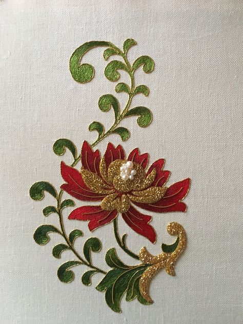 Silk thread (long and short stitch), gold thread, check purl, size - A4. Done by Larissa Borodich Embiordery Design, Bordado Jacobean, Gold Work Embroidery, Hand Work Embroidery, Pola Sulam, 자수 디자인, Creative Embroidery, Handwork Embroidery Design, Hand Embroidery Design Patterns