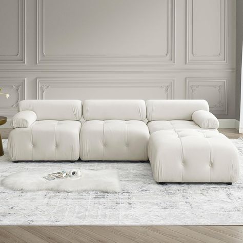 This modern L-shaped sofa is the epitome of luxury and style. Sink into plush velvet upholstery and create the perfect relaxation spot. Elevate your living space with this statement piece. #VelvetSectional #LShapedSofa #CloudCouch #LivingRoomDecor #LuxuryFurniture #ModernHome #InteriorDesign #CozySpace #HomeStyling #RelaxationCorner White Sectional, Brown Sectional, Velvet Sectional, Tufted Design, L Shaped Couch, Apartment House, Modular Sectional Sofa, Brown Sofa, Upholstered Sectional