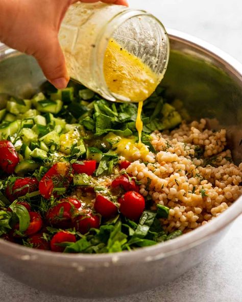 Pearl Cous Cous Recipes Summer Salads, Couscous Pearl Salad, Cous Cous Salad Dressing Recipes, Pearl Cous Cous Salad, Orzo Salad Dressing, Cold Orzo Salad, Orzo Salad Recipes Cold, Orzo Salad With Chicken, Coucous Salad