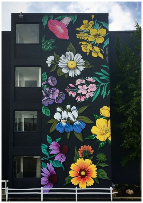 Bursts of stylized flowers by ‘Ouizi’ transform buildings into floral canvases #art #mural #florals Botanical Mural Painting, Ranunculus Purple, Michigan Wildflowers, Buttercup Ranunculus, Seni Mural, Purple Coneflower, Urbane Kunst, Blue Bells, Flower Mural