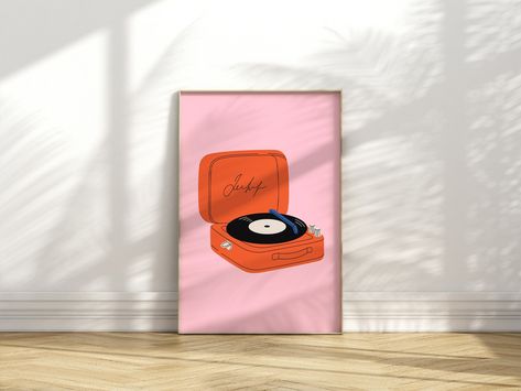 Red Record Player, Red Record, Retro Record Player, Bar Cart Art, Pink Backdrop, Red Wall Art, Indie Girl, Red Wall, Retro Music