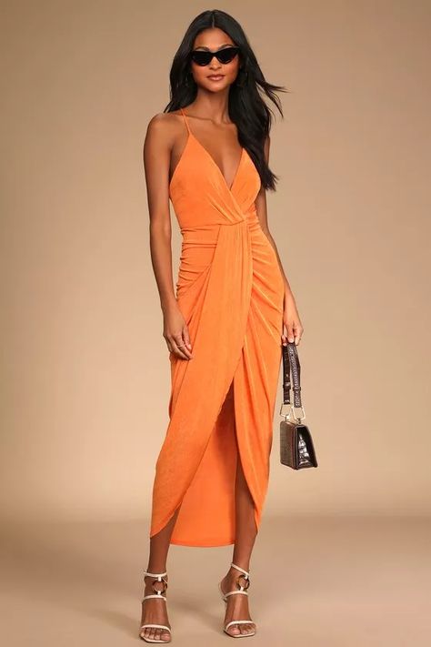 Destination Wedding Guest Outfit, Formal Dresses Orange, Beach Cocktail Attire, Summer Beach Wedding Outfit Guest, September Wedding Guest Dress, Orange Dress Outfit Wedding, Tulip Dresses, Light Orange Dress, Orange Dress Outfit