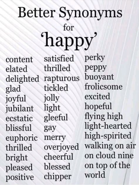 Here's a good list of different words to use. Try them next time you are composing. Synonyms For Happy, Better Synonyms, Synonyms For Awesome, Tatabahasa Inggeris, Writing Dialogue Prompts, Essay Writing Skills, Writing Motivation, Interesting English Words, Writing Inspiration Prompts