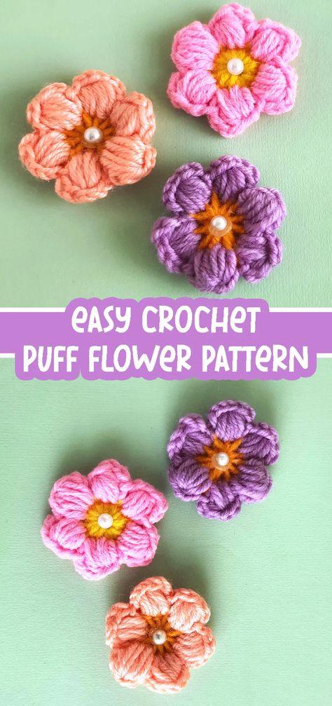 Diy Crochet Flowers Tutorial, Crochet Blanket Yarn, Floral Crochet Pattern, Crocheted Cow Pattern, Crochet Flower Headbands, Art Centers, Puff Flower, Crochet Doll Clothes Patterns, Crochet Puff Flower