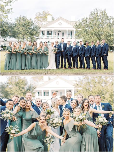 Olive And Navy Wedding Colors, Slate Blue And Sage Green Bridesmaid Dresses, Eucalyptus Bridal Party Groomsmen, Eucalyptus Wedding Party Colors, Wedding Colors With Eucalyptus, Dusty Blue Dark Green Wedding, Eucalyptus Bridesmaid Dress With Navy Groomsmen, Seaglass And Navy Wedding, Safe And Blue Wedding