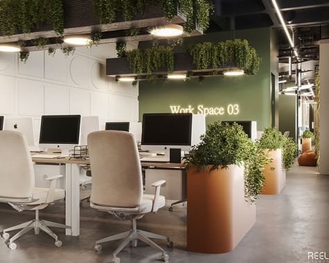 Office Interior Design With Plants, Scandinavian Interior Design Office, Green Office Space Design, Office Green Space, Corporate Office Mood Board Interior Design, Green Brown Office, Airy Office Ideas, Office Interior Design Green, Architecture Office Interior Design Modern