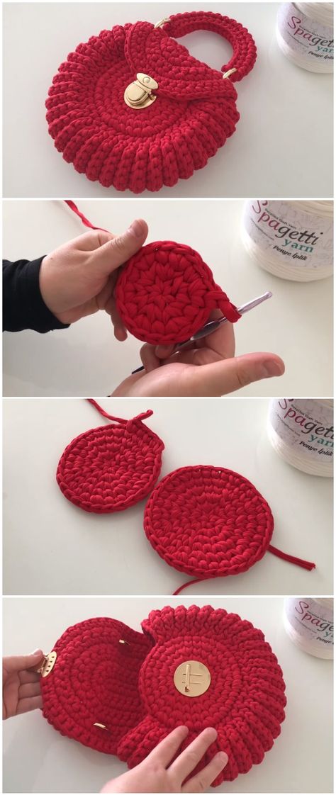 Crochet Easy Round Bag - Love Crochet Crochet Handbag Patterns, Crochet Shoulder Bags, Crochet Classes, Free Crochet Bag, Crochet Bag Tutorials, Yarn Bag, Crochet Handbags Patterns, Handbag Pattern, Crochet Purse Patterns