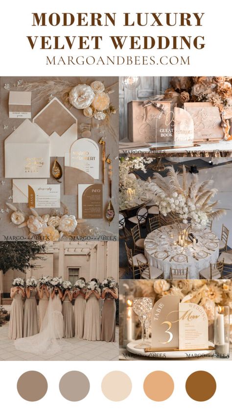 A gold and velvet beige wedding is the epitome of timeless elegance, combining opulence with understated charm. If you're captivated by the allure of this color scheme, here's a comprehensive planning guide to help you achieve the wedding of your dreams. 1. Wedding Invitations Set the tone for your elegant affair with wedding invitations featuring gold accents and velvet beige hues. Choose sophisticated fonts and a design that reflects your wedding's opulent theme. 2. Flowers Choose for neutral Wedding Taupe Colors, Shades Of White Wedding Theme, Wedding Theme Neutral, Wedding Color Gold Schemes, Wedding Color Schemes Beige, Wedding Color Beige, Gold Color Wedding Theme, Brown White And Gold Wedding, Brown Tones Wedding