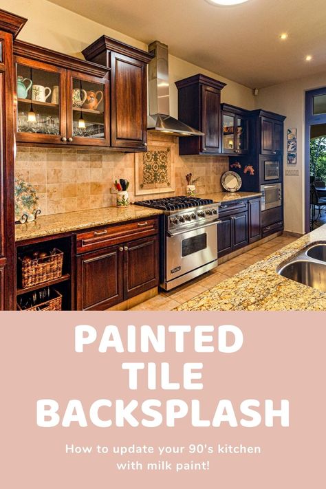 Painting Our 90's Tile Backsplash | Tutorial | Me & Reegs Painted Backsplash Tile, Painted Stone Backsplash Kitchen, Paint Backsplash Tile Before And After, Painting Tile Backsplash Kitchen, How To Paint Tile Backsplash, Painting Stone Backsplash, Painting Travertine Tile Backsplash, Painting Backsplash Tile, Painted Backsplash Ideas