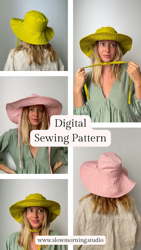Wide brim hat Sewing Pattern is beginner friendly. Comes with a sewing tutorial with step by step instruction illustrations, making it super easy to make your own bucket hat. Perfect summer hat!  Two hat side options: Wide brim hat & shorter brim hat.  Practical and essential for the spring and summer sun. This flattering style, can be made up leftover fabric, will help protect you from the summer sun. It is fully lined and can be reversed for versatility. Patchwork, Sunhat Sewing Pattern, Summer Hat Patterns To Sew, Sew Hat Pattern Free, Bucket Hat Diy Free Pattern, Fabric Hats To Sew, Diy Sun Hat, Super Easy Sewing Projects For Beginners, Diy Sunhat