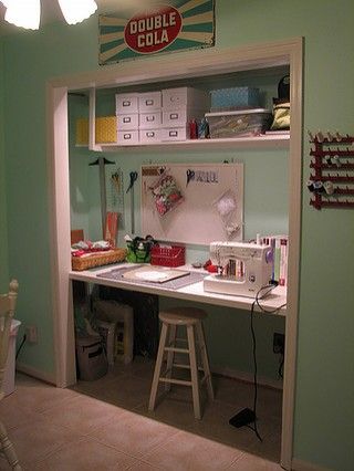 I don't want to give up on the idea of a closet office just yet.  How much room does a baby actually need? Sewing Closet, Craft Room Desk, Closet Desk, Sewing Decor, Small Craft Rooms, Sewing Spaces, Sewing Room Design, Closet Office, Dream Craft Room