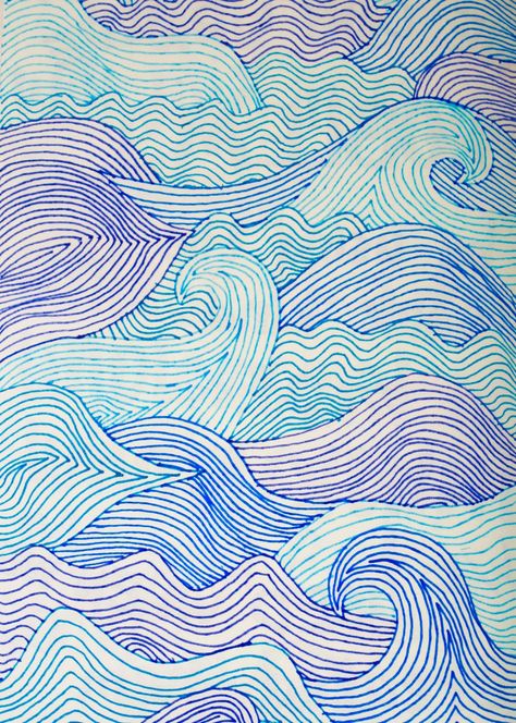 Drawing Ocean Easy, Wave Doodle Simple, Abstract Doodles Simple, Waves Zentangle, Water Zentangle, Wave Drawing Simple, Zentangle Waves, Wave Coloring Page, Wave Zentangle