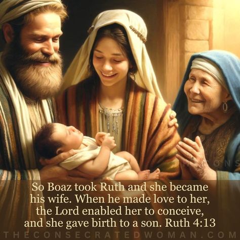 Bible Verse: Ruth 4:13 So Boaz took Ruth and she became his wife. When he made love to her, the Lord enabled her to conceive, and she gave birth to a son. Family plays an important role throughout … Naomi And Ruth, Ruth And Boaz, Kinsman Redeemer, Ruth Bible, The Book Of Ruth, Ruth And Naomi, Book Of Ruth, The Importance Of Family, Vbs 2024