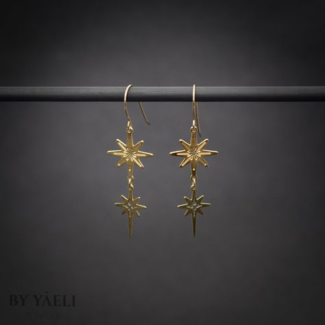 "Celestial earrings - You'll shine when you will wear this celestial dangle earrings.  This north stars earrings is perfect to wear at work, holidays, and even for a party. ★Comes in our signature gift box, ready for gift giving.  ★ Available in Gold [ gold-filled ear wires & gold plated brass ]  ★ Earring size (stars) 1.50\"x0.60\". o Thanks for shopping at ByYaeli♥  All images, texts & products are property of ByYaeli ©2020" Gold Star Earrings Dangle, Celestial Aesthetic Jewelry, Gold Celestial Jewelry, Prince Kaeya, Star Earrings Dangle, Star Dangle Earrings, Stars Earrings, Gold Star Earrings, Celestial Earrings