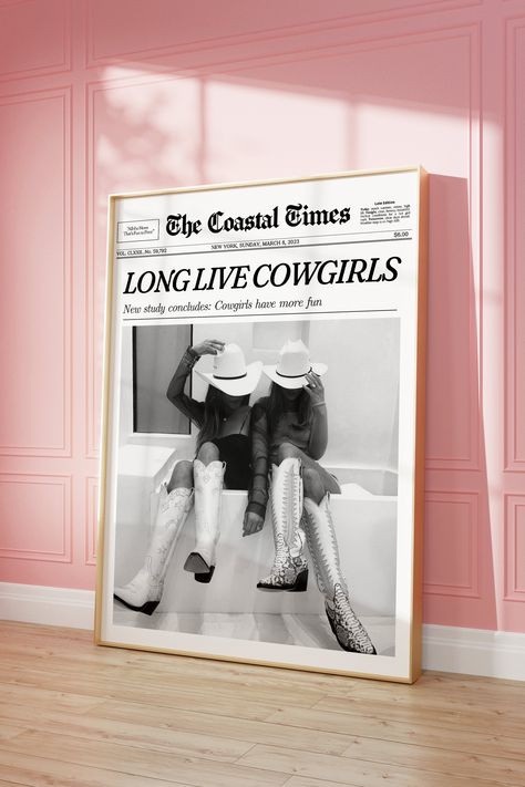 Trendy Costal Cowgirl Retro Fun Wall Art New York News, Girly Newspaper Wall Art Print - Unique design with an aesthetic photo, Printable Wall Art  Add a Trendy, fun touch the walls of your Living room, Bedroom, Dorm, Bar cart, & More! This cute Vintage style Headline Poster will bring tons of compliments. Enjoy these retro style, minimalist, trendy newspaper prints and curate the perfect vibe for your space. Each poster features hand designed and thoughtfully created text. "Long Live Cowgirls" Cowgirl Art Print, Charleston Apartment, Atl Apartment, Newspaper Wall Art, Cowgirl Era, Vibe Board, Folklore Era, Newspaper Wall, Bedroom Vibes