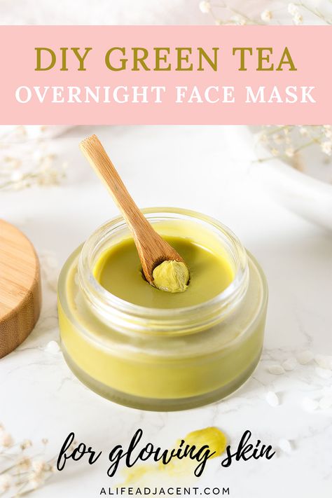 Learn how to make the best DIY overnight face mask for glowing skin! It’s made with green tea to brighten and refresh your skin while you sleep. If you have dry skin, this sleeping mask will help keep it moisturized all night long. And with only 4 natural ingredients, it’s the perfect addition to your homemade skincare routine! Made without coconut oil or essential oils, so it won’t clog pores or cause irritation. Safe for acne and sensitive skin. #alifeadjacent Diy Overnight Face Mask, Diy Green Tea, Face Mask For Glowing Skin, Mask For Glowing Skin, Skin Care Routine For Teens, Homemade Skincare, Overnight Face Mask, Sleeping Pack, Glowing Skin Mask