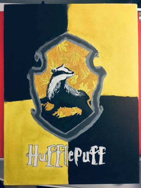 Tela, Hufflepuff Canvas Painting, Hufflepuff Painting Ideas, Hufflepuff Painting, Hogwarts Painting, Harry Potter Day, Harry Potter Painting, Happy Birthday Cards Diy, Painting Inspo