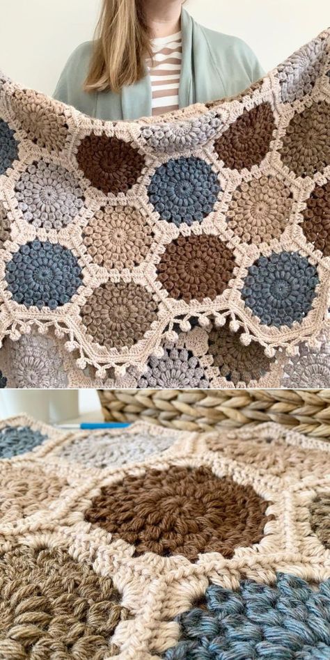This great hexagon crochet blanket is the freshest free pattern you can find. It’s perfect for any room and could be an excellent stash-busting project if you examine your leftovers. Hot and fabulous! Take the free pattern and add it to your to-do list right now because everyone should try it. #freecrochetpattern #crochetblanket #crochethexagonblanket #hexagonblanket #hexieblanket #crochethexagon #hexagon Crochet Hexagon Blanket Edging, Octagon Crochet Pattern Granny Squares, Crochet Hexagon Stuffed Animals, Hexagon Granny Square Projects, Granny Hexagon Crochet Blanket, Granny Square Crochet Pattern Hexagon, Hexagon Shaped Crochet Blanket, Hexie Crochet Blanket, Crochet Hexagon Granny Square Blanket
