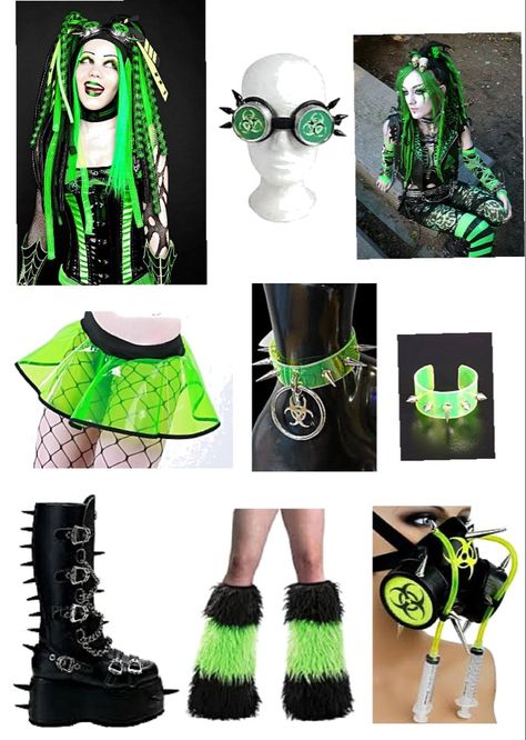 Cyberpunk Green Outfit, Neon Grunge Outfits, Green Cyberpunk Outfit, Neon Punk Outfits, Ravecore Outfits, Green Alt Outfits, Green Scene Outfit, Alien Core Outfits, Black Light Outfits