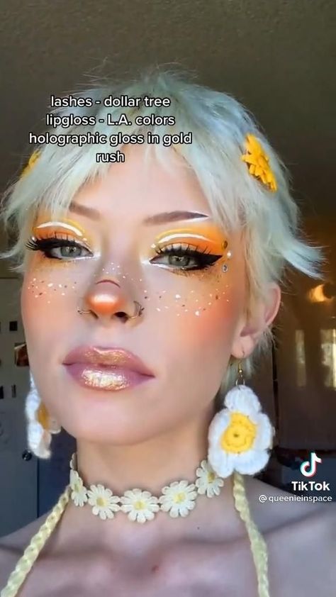 Throat Tattoo Ideas Female, Fairy Hair And Makeup Ideas, Makeup Ideas Rave, Flower Festival Makeup, Cute Autumn Makeup, Cosplay Ideas Fairy, Fairy Makeup Ideas Fantasy Make Up, Sunshine Fairy Makeup, Ren Faire Inspired Outfit