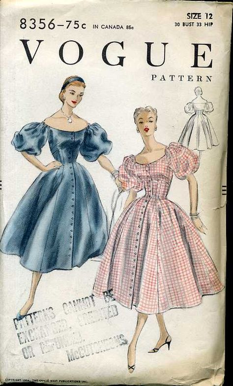 Vogue 8356, ca 1954; Sz 14/Bust 32...I am in LOVE with this dress, though I think I'll elongate the sleeves a bit to give a more gradual balloon effect. Vintage Fashion Sketches, Colorful Hairstyles, Look Retro, Vintage Dress Patterns, Vogue Pattern, Vogue Patterns, Fashion Art Illustration, Fashion Design Sketches, Moda Vintage