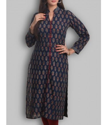 Indigo Natural dye Ajrakh Block Printed Red buttonup Kurti Ajrakh Print Kurti Design, Ajarak Print Dress Design, Ajrakh Print Kurti, Kalamkari Kurti, Printed Kurti Designs, Long Kurtas, Kurtis Designs, Ajrakh Print, Kurta Patterns