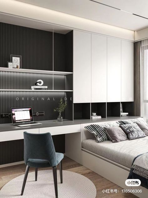 Minimalist Bedroom Workspace, Bedroom And Desk Layout, Teenager Bedroom Design, Small Bedroom Interior, Unique Bedroom Design, Condo Interior Design, Unique Bedroom, Small Apartment Interior, Condo Interior